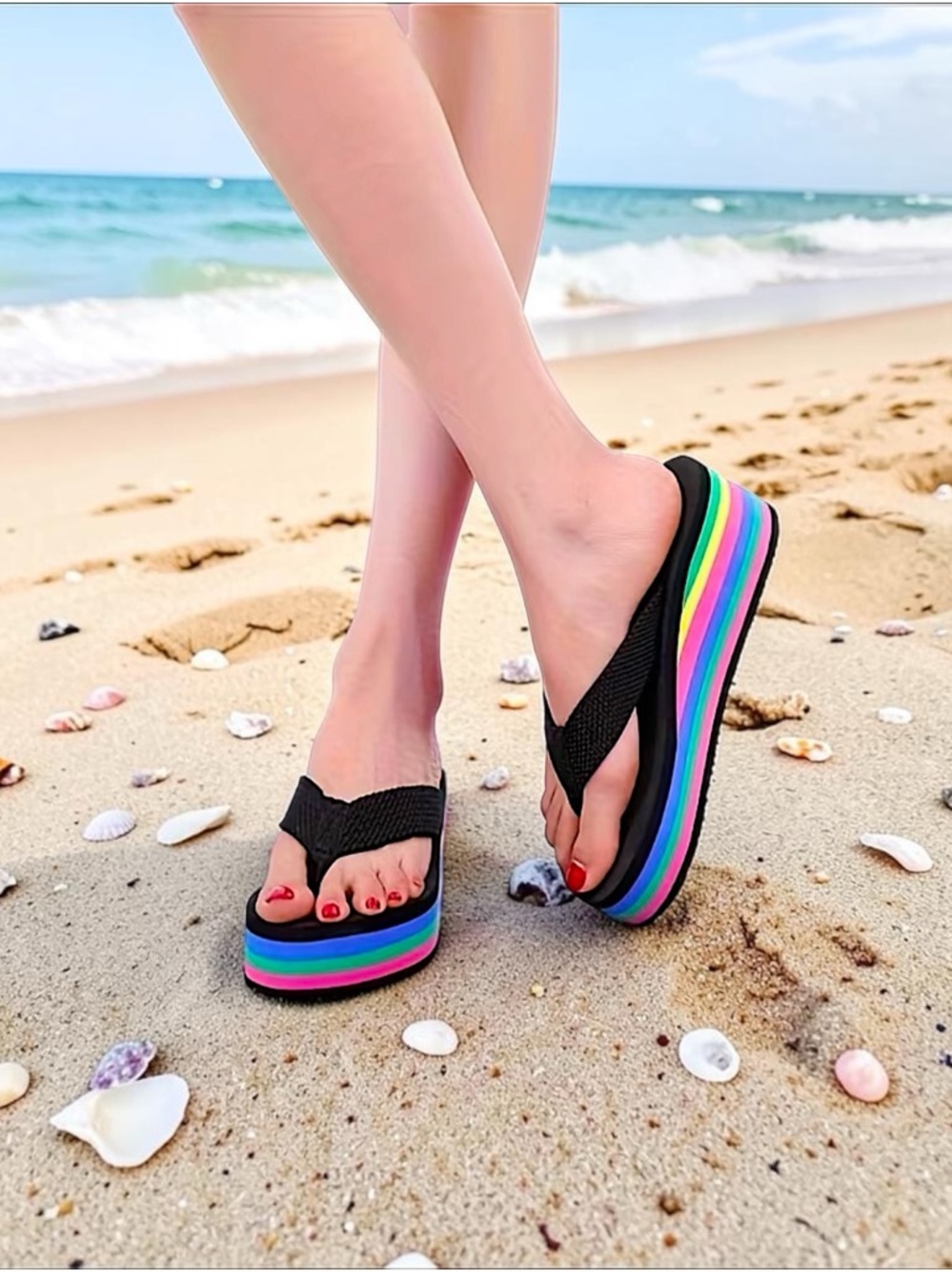 Women’s Black Rainbow Platform Flip Flops - Stylish Summer Sandals - Picture 4 of 4